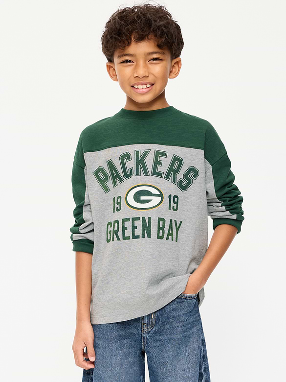 Green Bay Packers Long-Sleeve Oversized Graphic Football T-Shirt for Boys