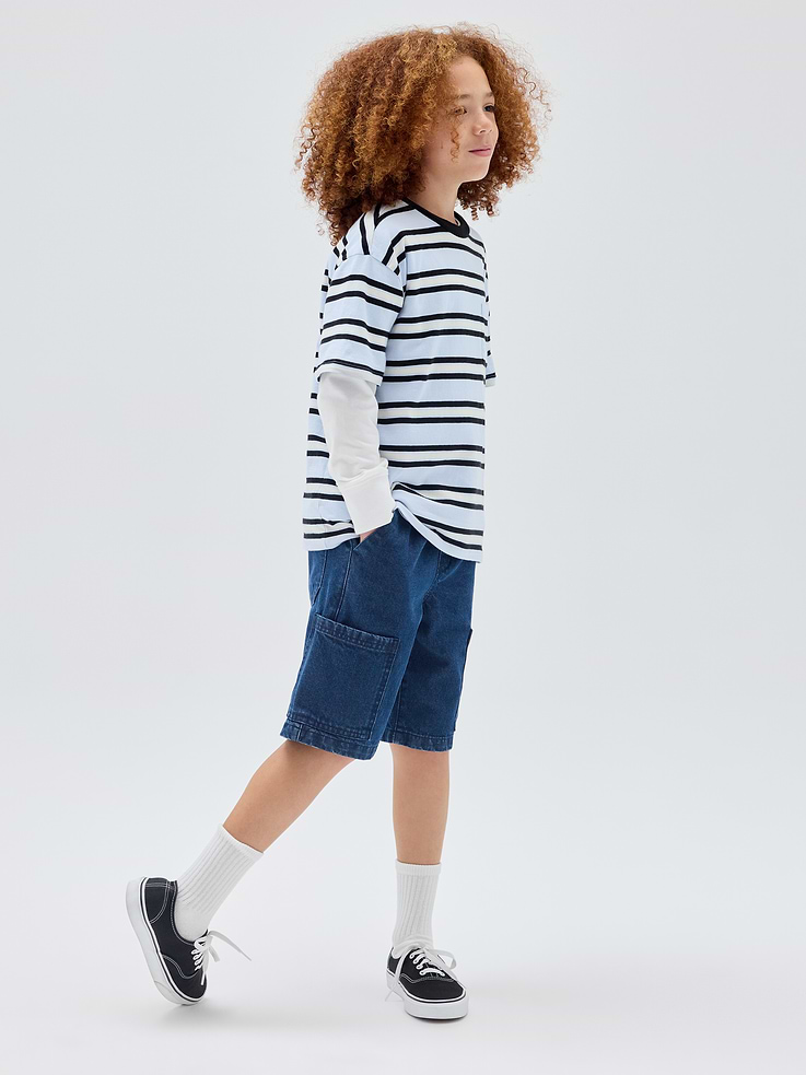 Image 1 of 4, This product is made with/contains 5% recycled cotton. Compared to virgin materials, using recycled materials helps reduce resource use and waste., This product is part of our water-saving Washwell program. Compared with conventional wash methods, Washwell uses at least 20% less water., Non-stretch denim., Medium indigo wash., Drawcord ties at elasticized waist, faux fly., Front slant pockets, patch pockets at sides., This product was made in a factory that invests in gender equity and women’s empowerment through RISE. Learn more at, Product #1174140