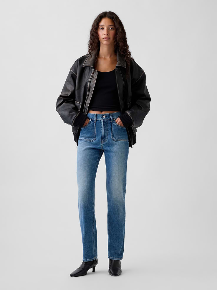 Image 1 of 6, Fit: A full-length classic straight-leg jean that's slim through the hip & thigh., Fabric: 83% Cotton, 11% Recycled Polyester, 5% Recycled Cotton, 1% Stretch., Stretch: Low Stretch Jeans. Looks like vintage denim but feels like you've had them forever. Easy & comfortable with a little secret stretch., Rise: High Rise Jeans., Look: A classic straight jean in a medium wash., Details: Zip fly, front & back patch pockets., Responsibly Made: This pair of jeans is part of our water-saving Washwell program. Compared with conventional wash methods, Washwell uses at least 20% less water., Made with 83% Protocol cotton verified by the U.S. Cotton Trust Protocol, a program which works with farms committed to improving their environmental footprint by minimizing water usage and improving soil health (Claim No. 10127)., More Sustainable Materials: Made with 11% recycled polyester and 5% recycled cotton. Compared to virgin materials, using recycled materials helps reduce resource use and waste., This product was made in a factory that invests in gender equity and women’s empowerment through RISE. Learn more at gapinc.com/equity ., Product #1185279