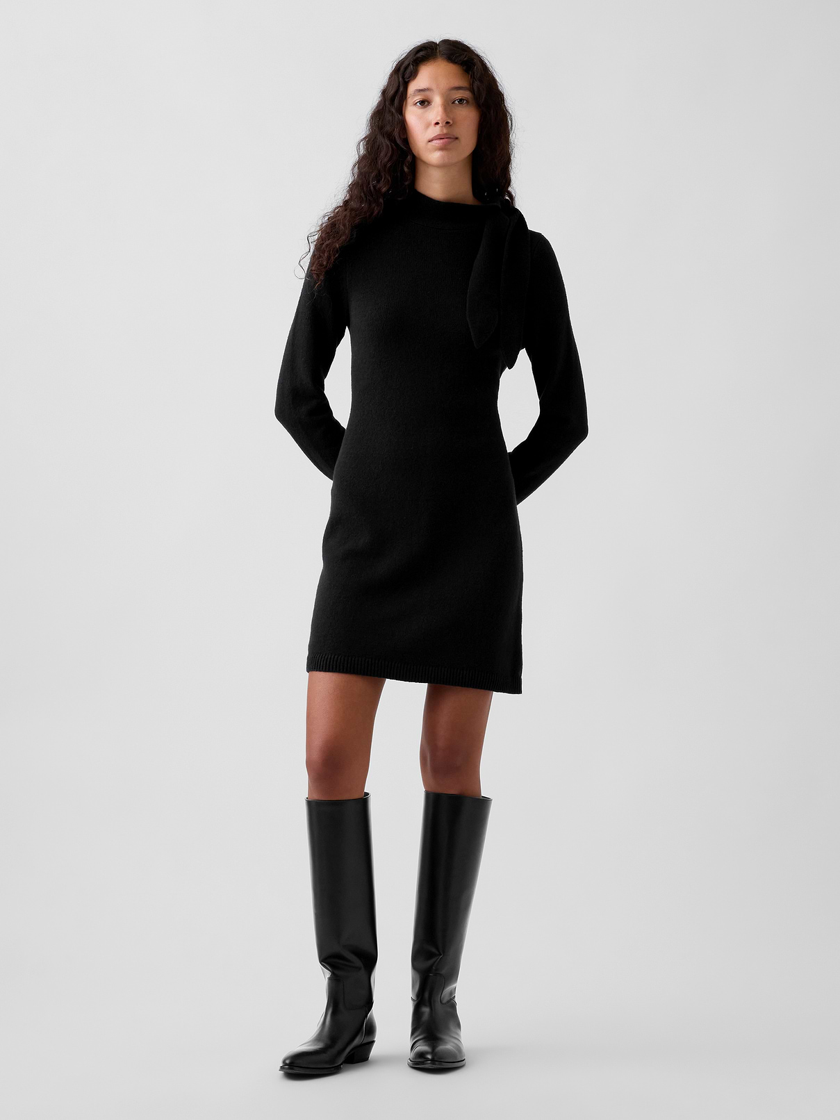 CashSoft Tie-Neck Sweater Mini Dress