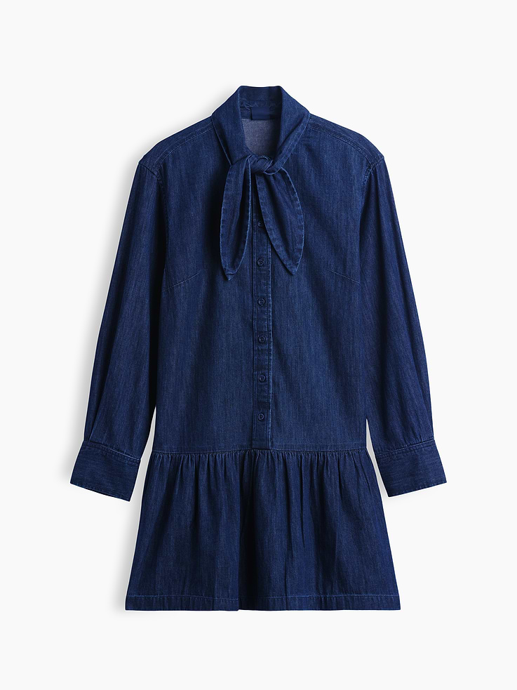 Image 5 of 5, Denim Tie-Neck Mini Shirtdress