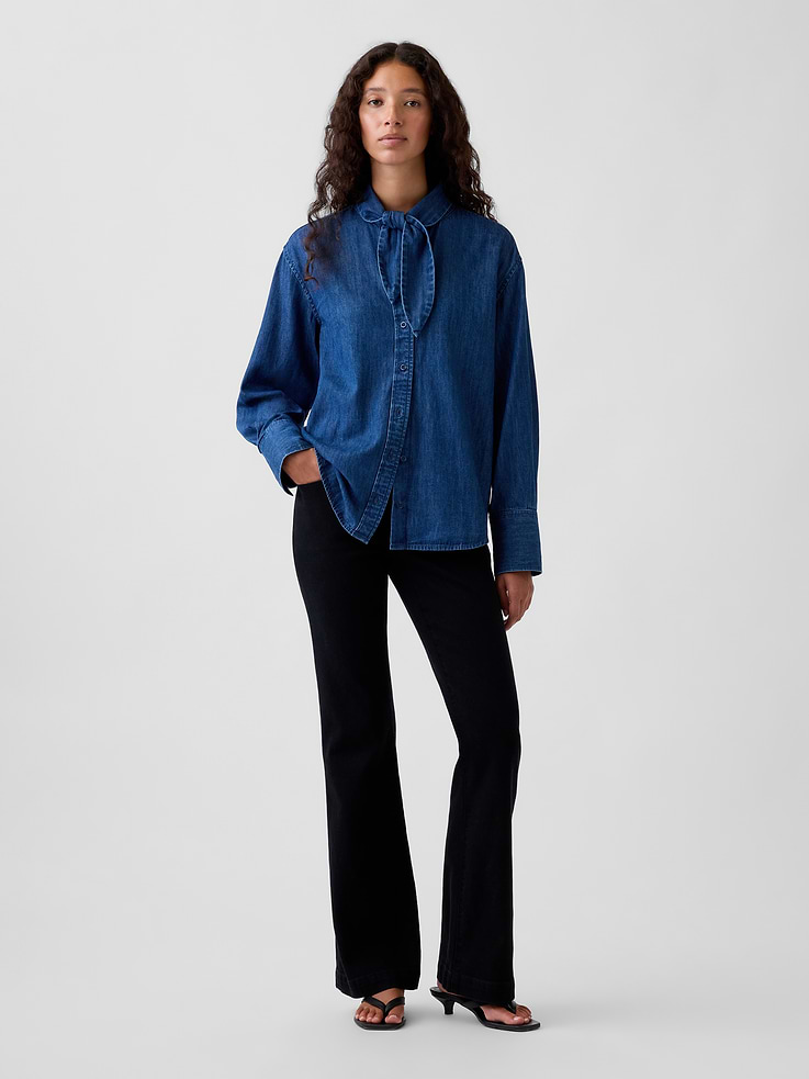 Image 2 of 6, Denim Tie-Neck Big Shirt