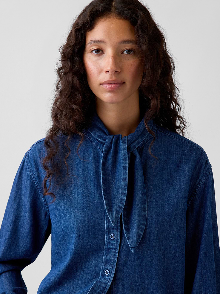Image 5 of 6, Denim Tie-Neck Big Shirt