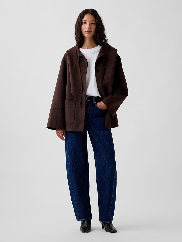 Image 2 of 6, Wool-Blend Hooded Tie-Neck Coat