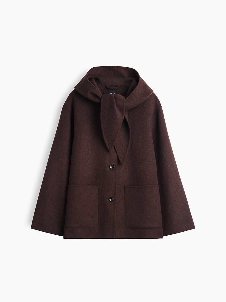 Image 6 of 6, Wool-Blend Hooded Tie-Neck Coat