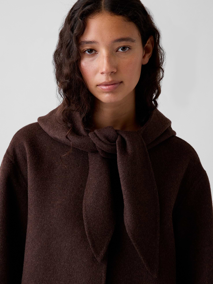 Image 5 of 6, Wool-Blend Hooded Tie-Neck Coat