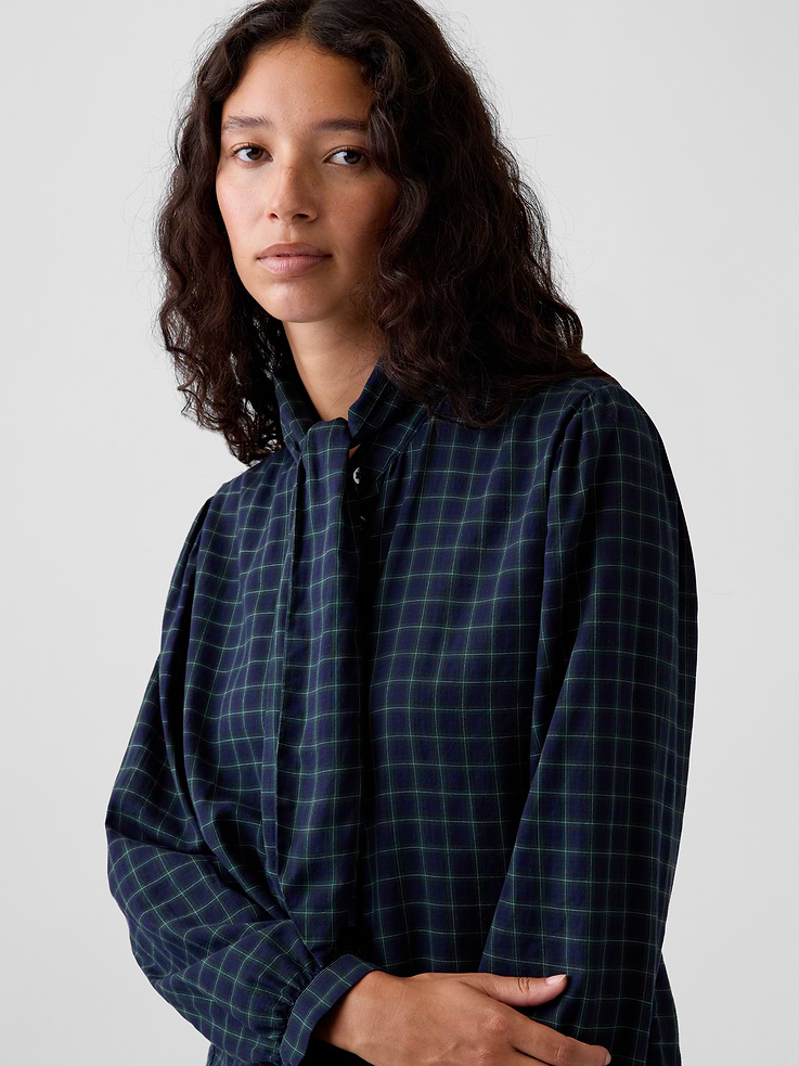 Image 4 of 5, Plaid Tie-Neck Shirt