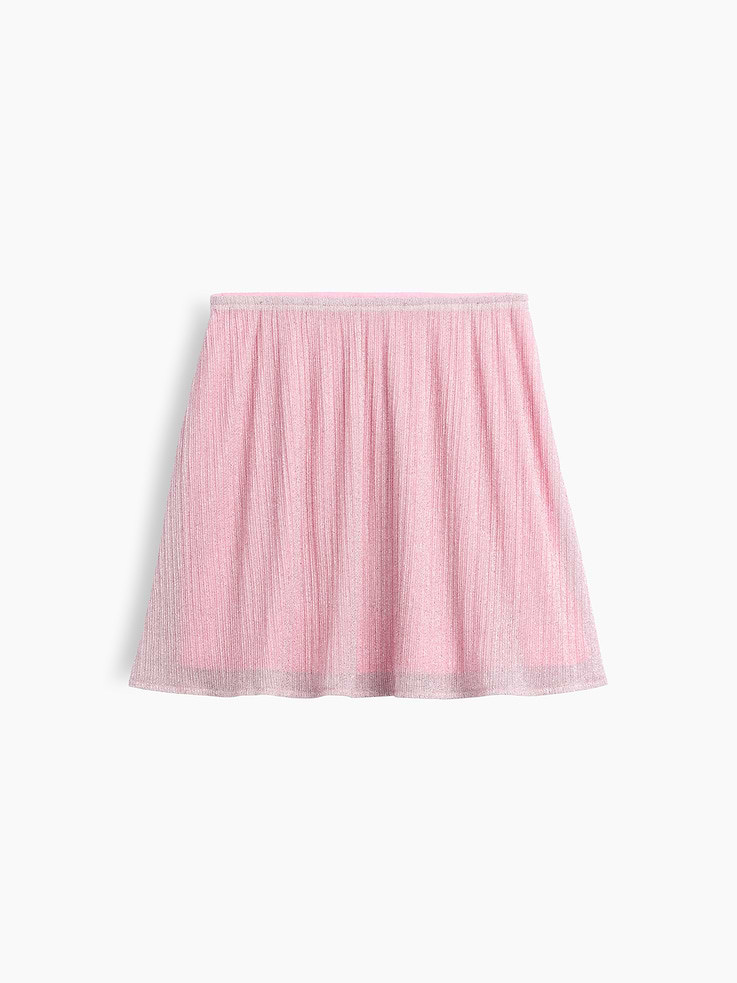 Image 1 of 3, Soft mesh knit with interlock interior lining., Elasticized waist., Pleated at front., Allover metallic sparkle., Product #1187035