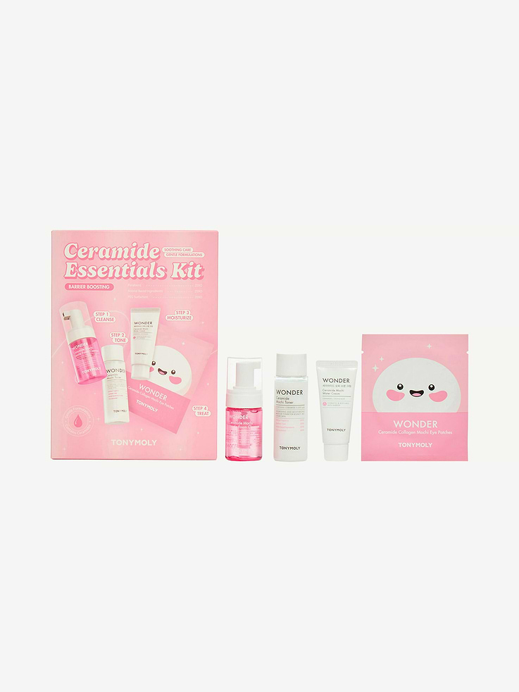 Image 1 of 6, the TONYMOLY Mochi Ceramide Essentials Kit is a complete four-step skincare set designed to cleanse, hydrate, and support the skin’s moisture barrier, this travel-friendly kit includes cleanser, toner, moisturizer, and eye patches that work together to leave skin feeling soft, balanced, and comfortable, complete 4-step skincare set – includes cleanser, toner, moisturizer, and eye patches for a simple, well-rounded skincare routine, ceramide-powered barrier care – formulated with ceramides to help support the skin’s moisture barrier and maintain hydration, soothing & comforting formulas – contains panthenol and centella asiatica to help calm and comfort the look of skin, travel-friendly & gentle – lightweight, skin-friendly formulas suitable for daily use and all skin types, including sensitive skin, Product #1200296