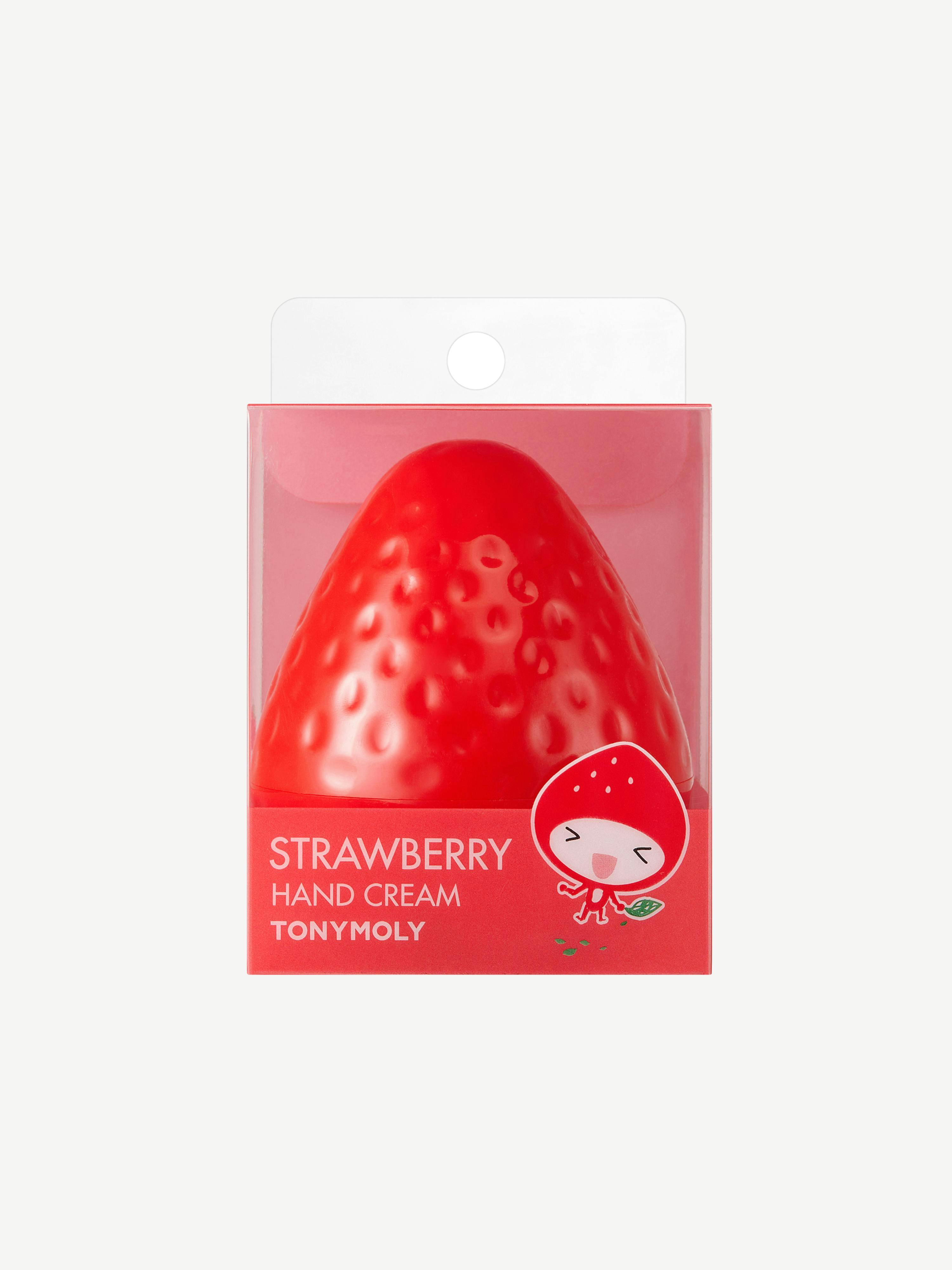Image 1 of 3, the TONYMOLY Strawberry Hand Cream is a nourishing hand moisturizer that helps soften and hydrate dry hands while leaving a light, fruity strawberry scent, the smooth texture absorbs easily, providing comfort without a greasy feel, moisturizing hand cream – helps hydrate and soften dry hands for a smooth, comfortable feel, strawberry-infused formula – enriched with strawberry fruit extract and fruit-derived oils to nourish skin, rich & nourishing – contains shea butter, apricot kernel oil, and moringa seed oil for lasting moisture, lightweight absorbing texture – glides on easily without leaving a greasy residue, Product #1200285