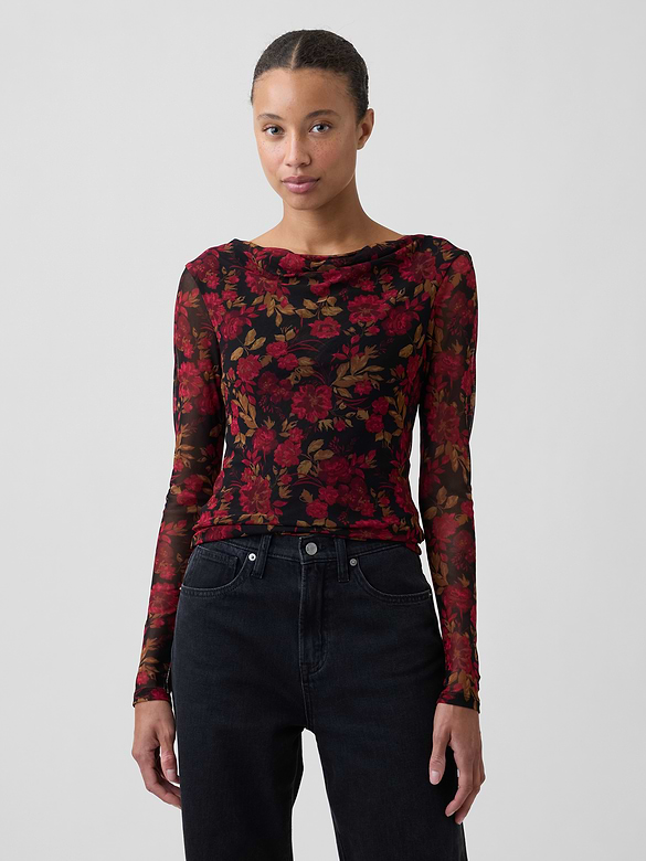 Mesh Cowl-Neck Top