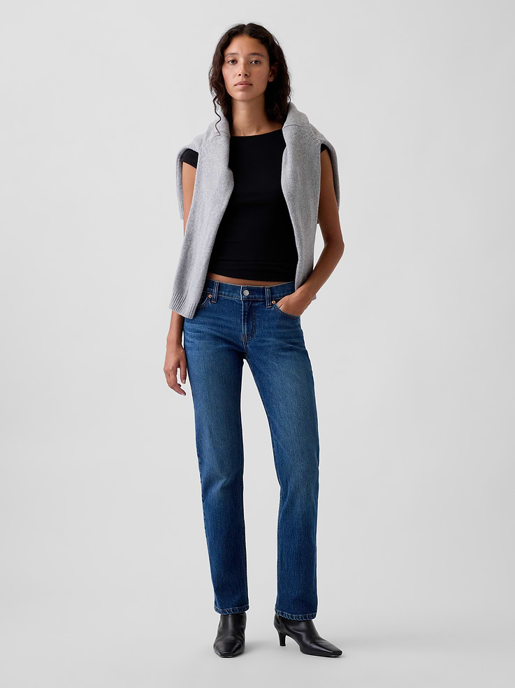 Image 1 of 6, Fit: A full-length classic straight-leg jean that's slim through the hip & thigh., Fabric: 83% Cotton, 11% Recycled Polyester, 5% Recycled Cotton, 1% Stretch., Stretch: Low Stretch Jeans. Looks like vintage denim but feels like you've had them forever. Easy & comfortable with a little secret stretch., Rise: Low Rise Jeans., Look: A classic five-pocket jean in a dark wash., Details: Zip fly & five-pocket styling., Responsibly Made: This pair of jeans is part of our water-saving Washwell program. Compared with conventional wash methods, Washwell uses at least 20% less water., Made with 83% Protocol cotton verified by the U.S. Cotton Trust Protocol, a program which works with farms committed to improving their environmental footprint by minimizing water usage and improving soil health (Claim No. 10127)., Made with 11% recycled polyester and 5% recycled cotton. Compared to virgin materials, using recycled materials helps reduce resource use and waste., Explore our GapJeans Guide ., Product #911437