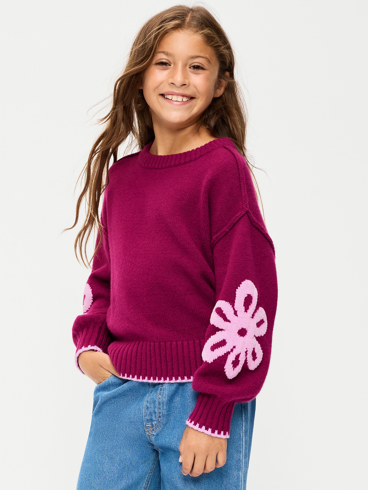 Image 1 of 2, crew neck, long puffy sleeves, embroidered graphic at sleeves, drop shoulders, easy pullover style, Product #903197