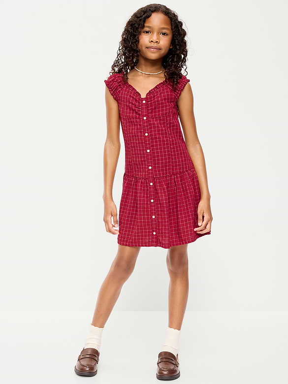 Short-Sleeve Fit and Flare Button-Front Dress for Girls