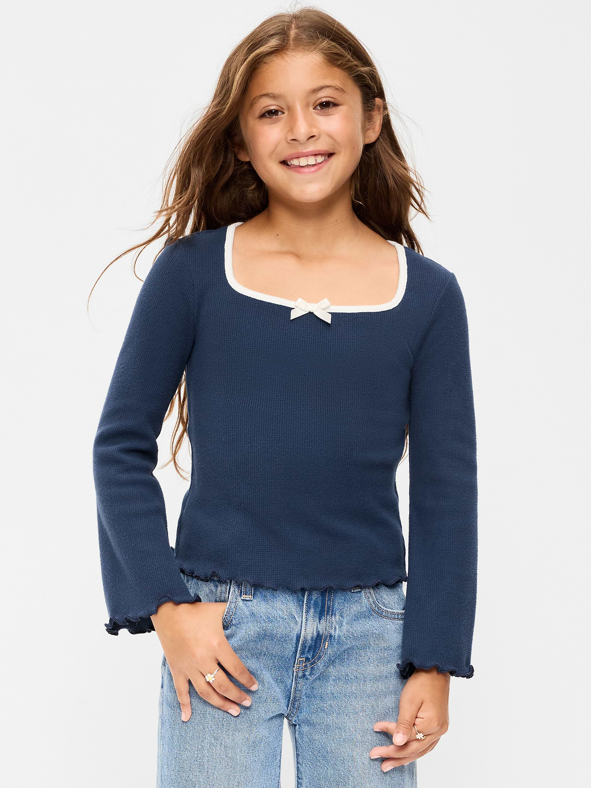 Image 1 of 2, square neckline, long sleeves, lettuce edge cuffs and hem, Product #906004