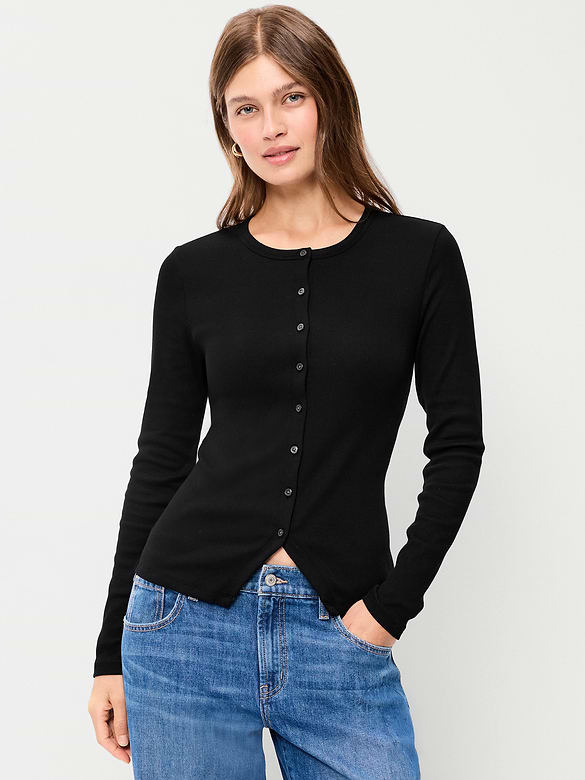 Snug Long-Sleeve Button-Front Ribbed Top