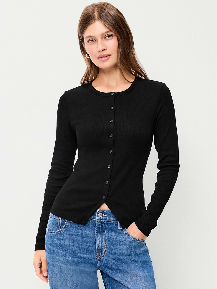 Image 1 of 8, A skimming fit that hugs your bod just right., crew neck, long sleeves, full-button front, Product #910975