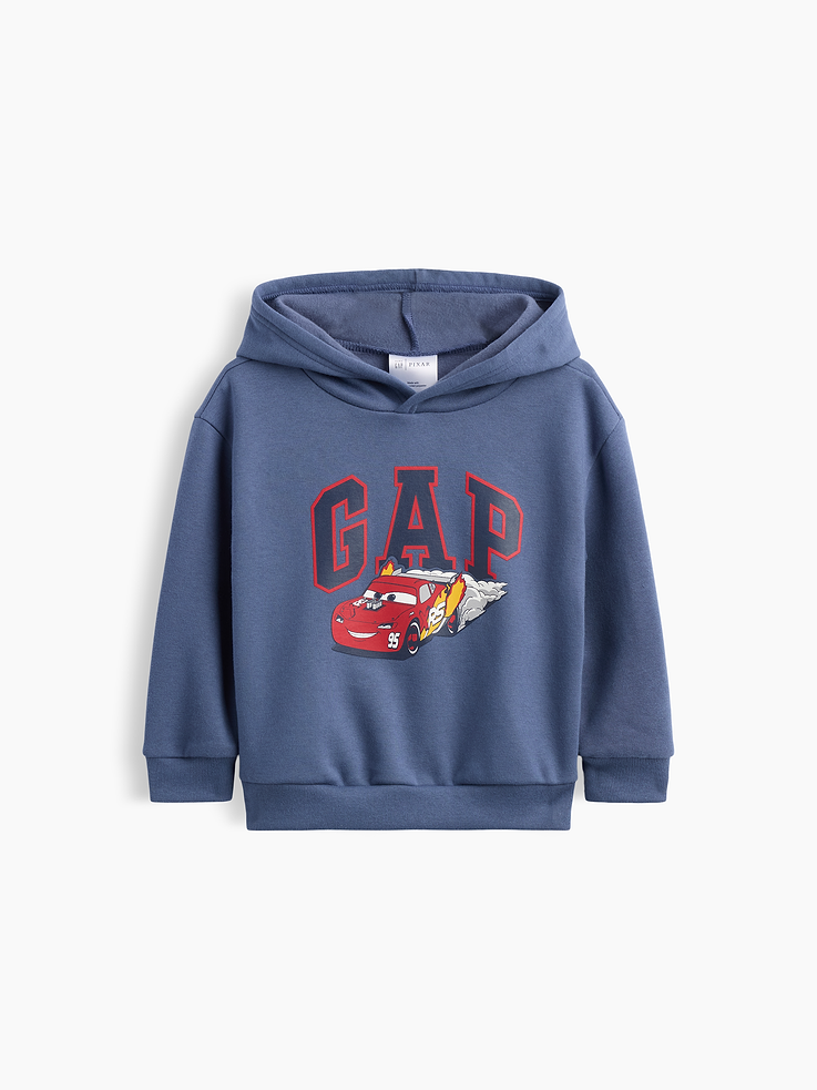 Image 1 of 3, These characters make every day more special., This product is made with/contains 23% recycled polyester. Compared to virgin materials, using recycled materials helps reduce resource use and waste., Soft, comfy fleece., Dropped shoulder, long sleeves with banded cuffs., Hood., Gap logo with graphic at front., Banded hem., Product #1184807