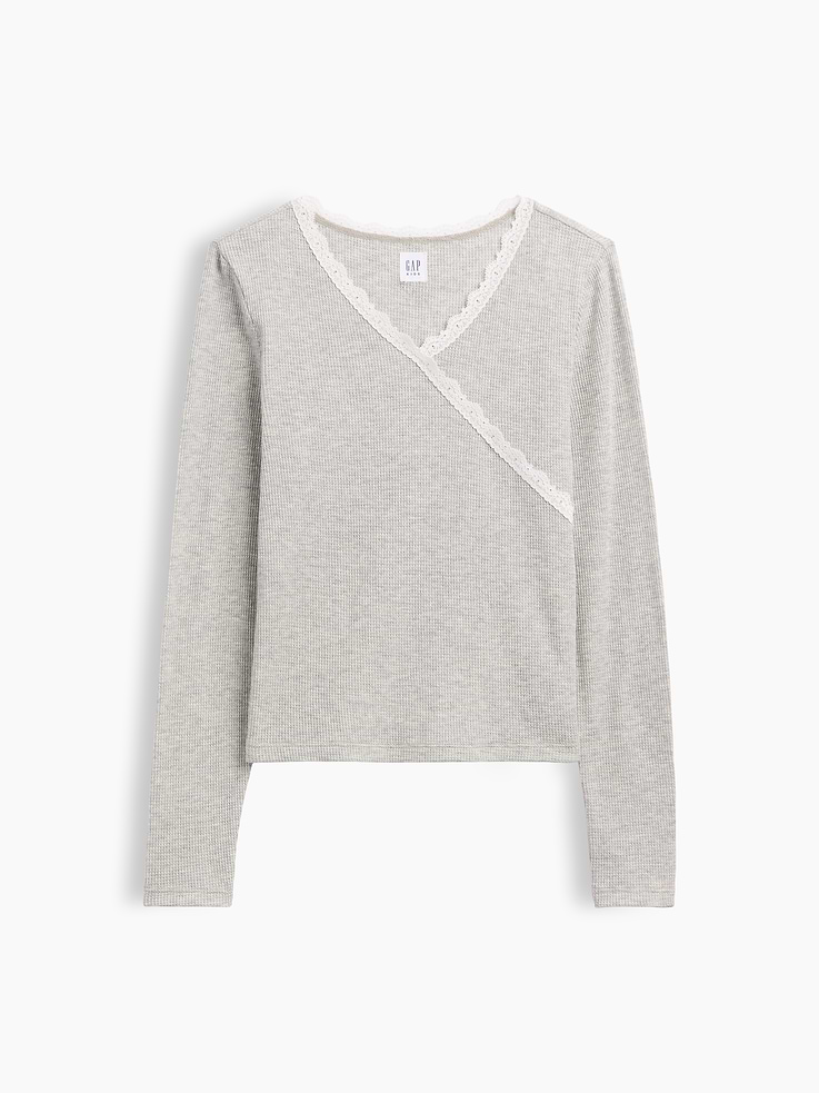 Image 1 of 3, Soft waffle knit., Lace trim at V-neck., Faux-wrap detail with lace trim at yoke., Select styles have allover print., This product was made in a factory that invests in gender equity and women’s empowerment through RISE. Learn more at, Product #1184718