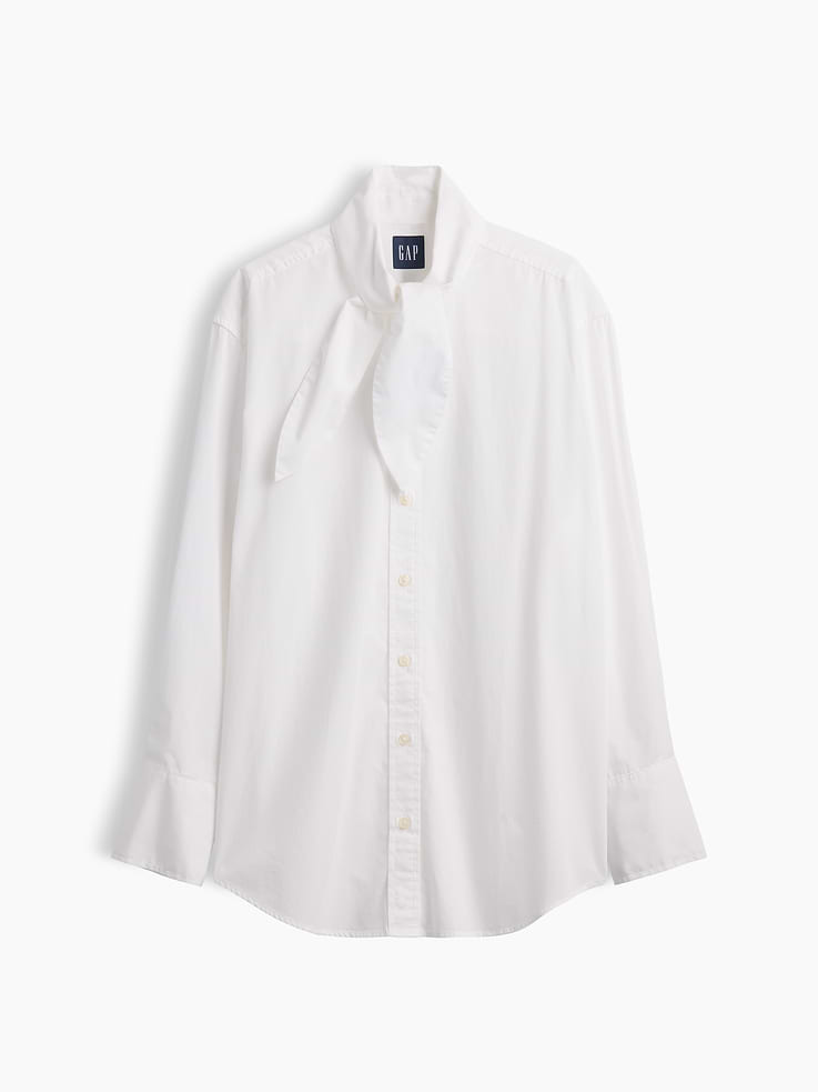 Image 5 of 5, Organic Cotton Poplin Tie-Neck Big Shirt