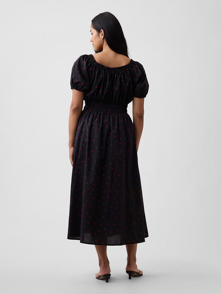Image 5 of 6, Puff Sleeve Tie-Neck Midi Dress