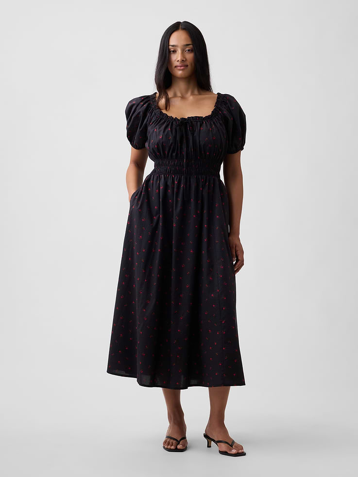 Image 4 of 6, Puff Sleeve Tie-Neck Midi Dress