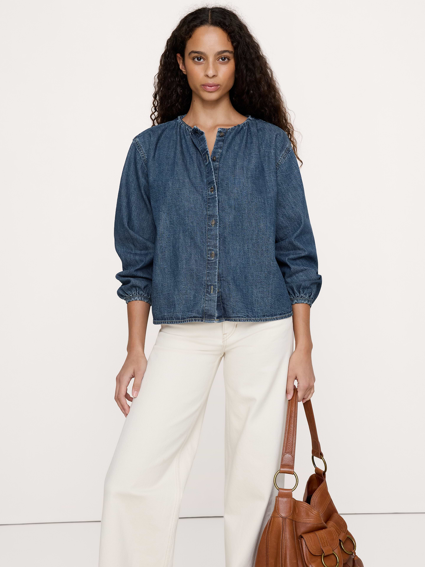 Image number 1 showing, Denim Puff-Sleeve Top