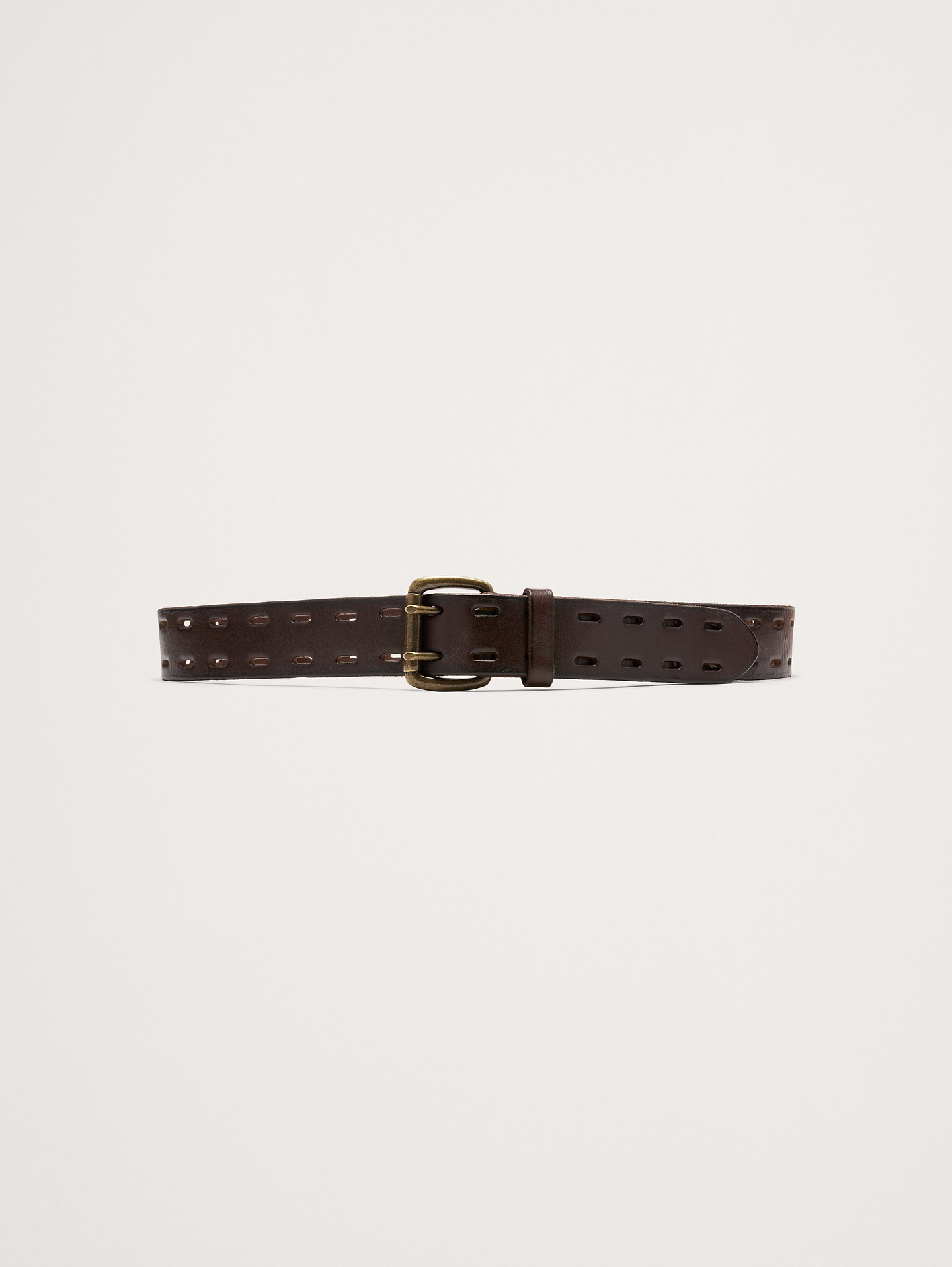 Image 1 of 2, This sturdy leather belt has a double-pronged buckle and parallel cutouts along the strap., Product #906426