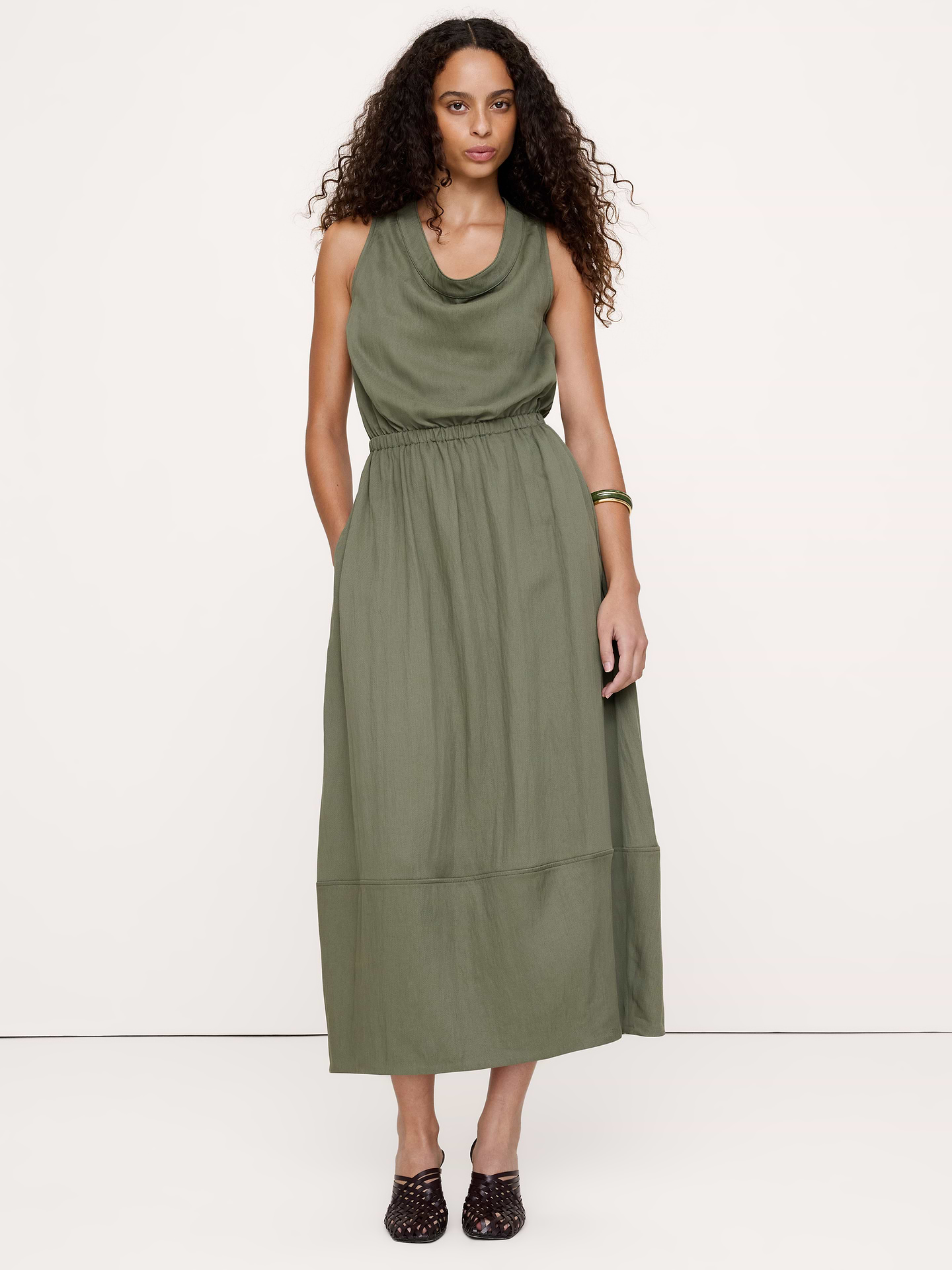Image number 1 showing, Drapey Twill Cowl-Neck Midi Dress