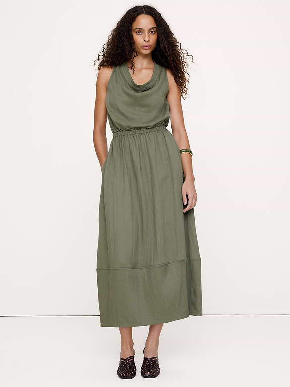 Drapey Twill Cowl-Neck Midi Dress