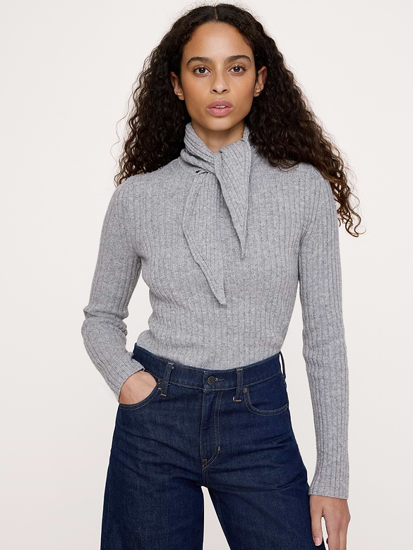 Merino-Cotton Tie-Neck Sweater