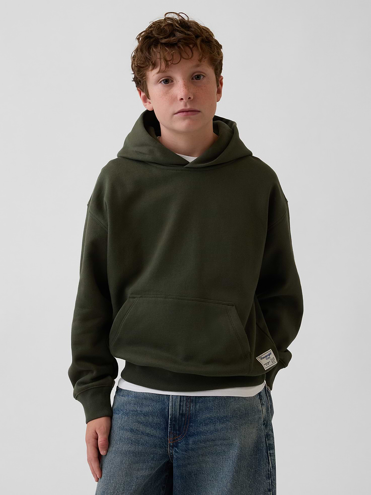 Image 1 of 5, Soft, heavyweight cotton-blend fleece pullover hoodie., Hooded neckline., Long sleeves with drop shoulders., Kanga pocket., Banded rib cuffs and hem., Made with 14% recycled polyester. Compared to virgin materials, using recycled materials helps reduce resource use and waste., Product #1184448