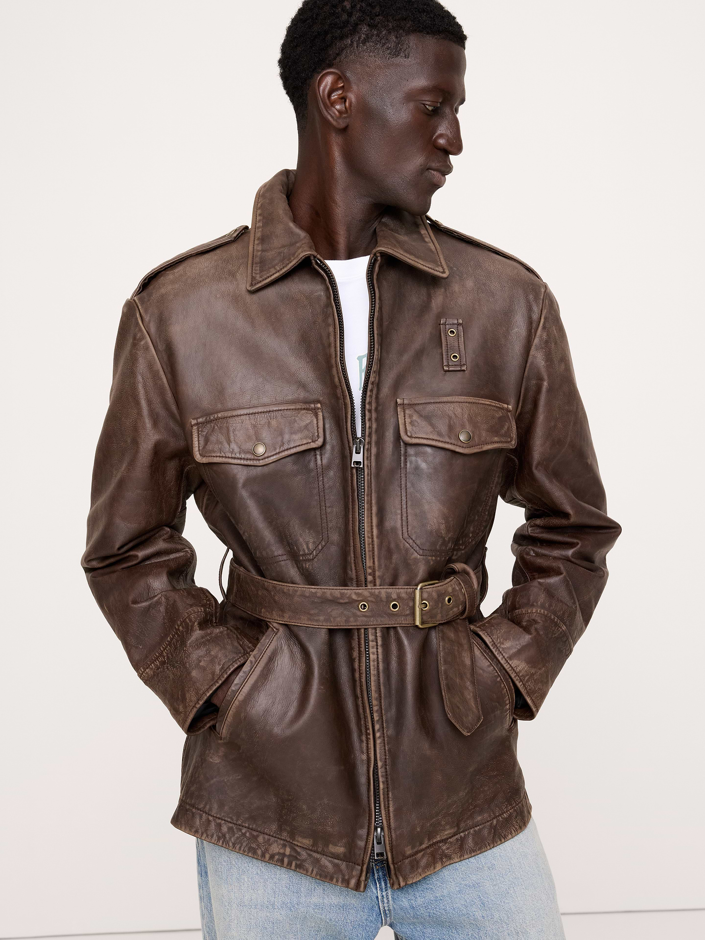 Image 4 of 8, Leather Belted Field Jacket