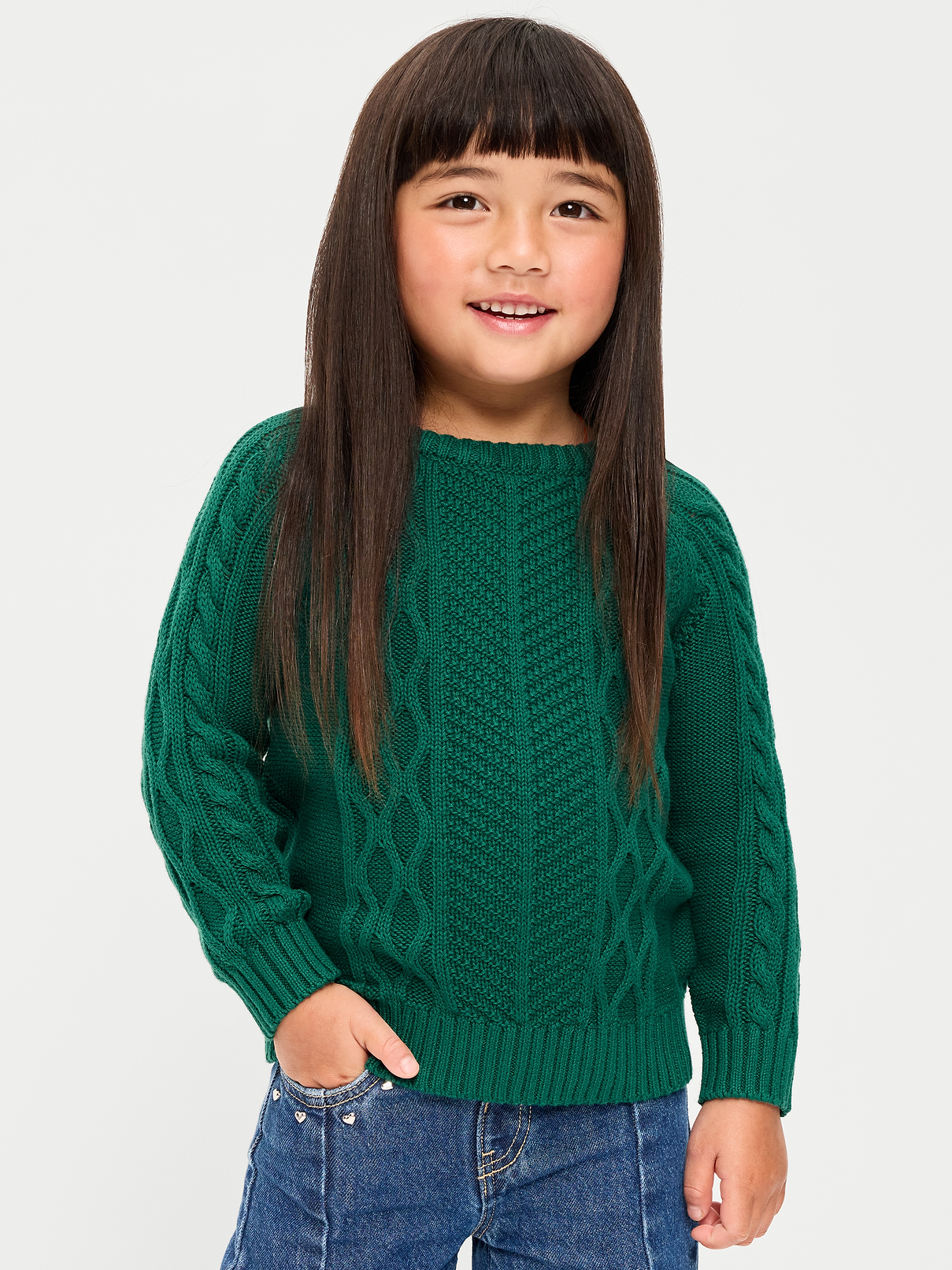 Image 1 of 3, crew neck, long raglan sleeves, cable knit, Product #1182735