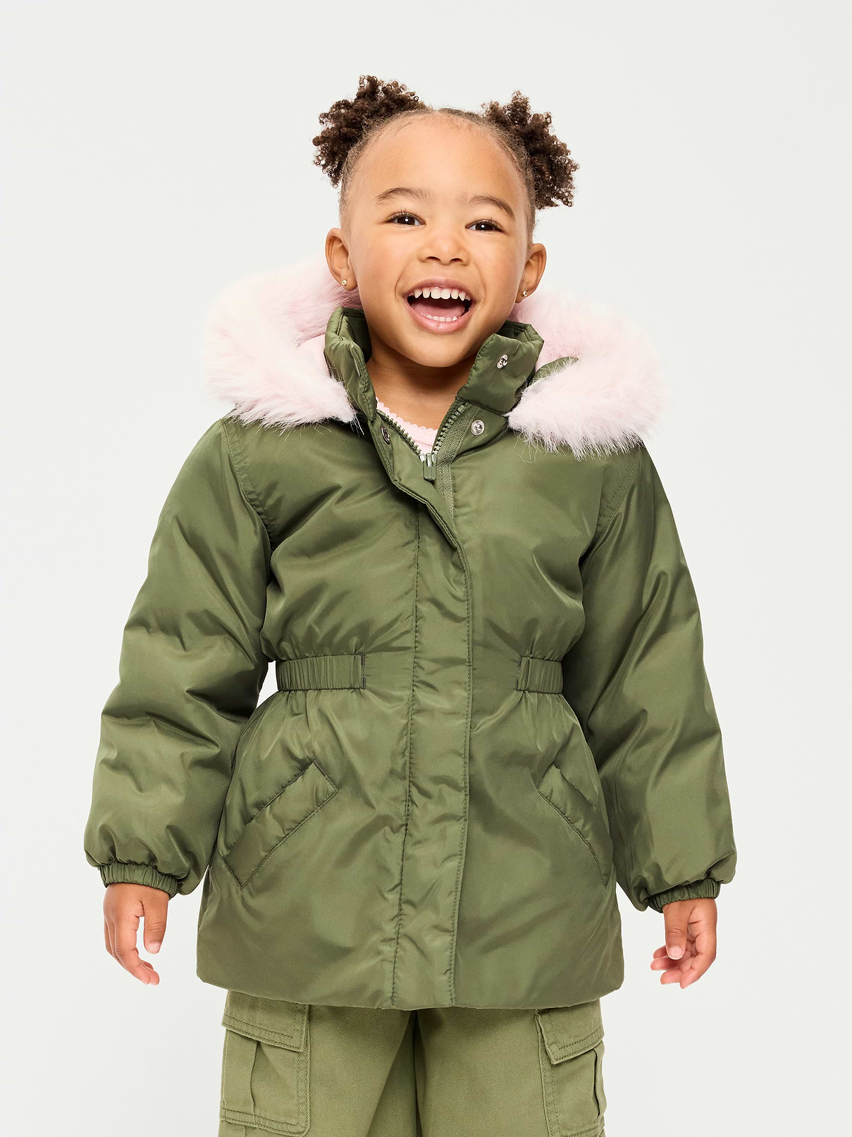 Image 1 of 3, built-in hood, faux fur along hood, standing collar, long sleeves, hidden full length zipper, full length snap-button placket, welt pockets, cinched waist, Product #1182629