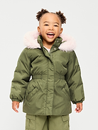 Image 1 of 3, built-in hood, faux fur along hood, standing collar, long sleeves, hidden full length zipper, full length snap-button placket, welt pockets, cinched waist, Product #1182629