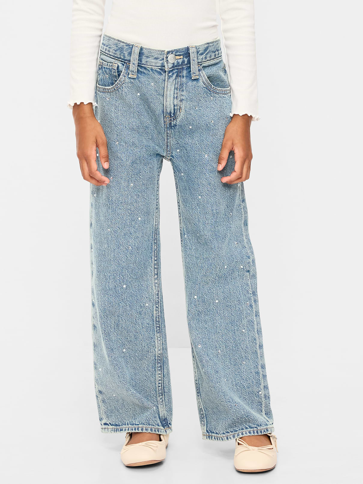 Image 1 of 5, interior adjustable waistband, snap button closure (sizes 5-8), regular button closure (sizes 10-20), zip fly, scoop pockets and coin pocket, patch pockets at back, wide leg opening, all-over rhinestones, Product #1183862