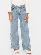 Image 1 of 5, interior adjustable waistband, snap button closure (sizes 5-8), regular button closure (sizes 10-20), zip fly, scoop pockets and coin pocket, patch pockets at back, wide leg opening, all-over rhinestones, Product #1183862