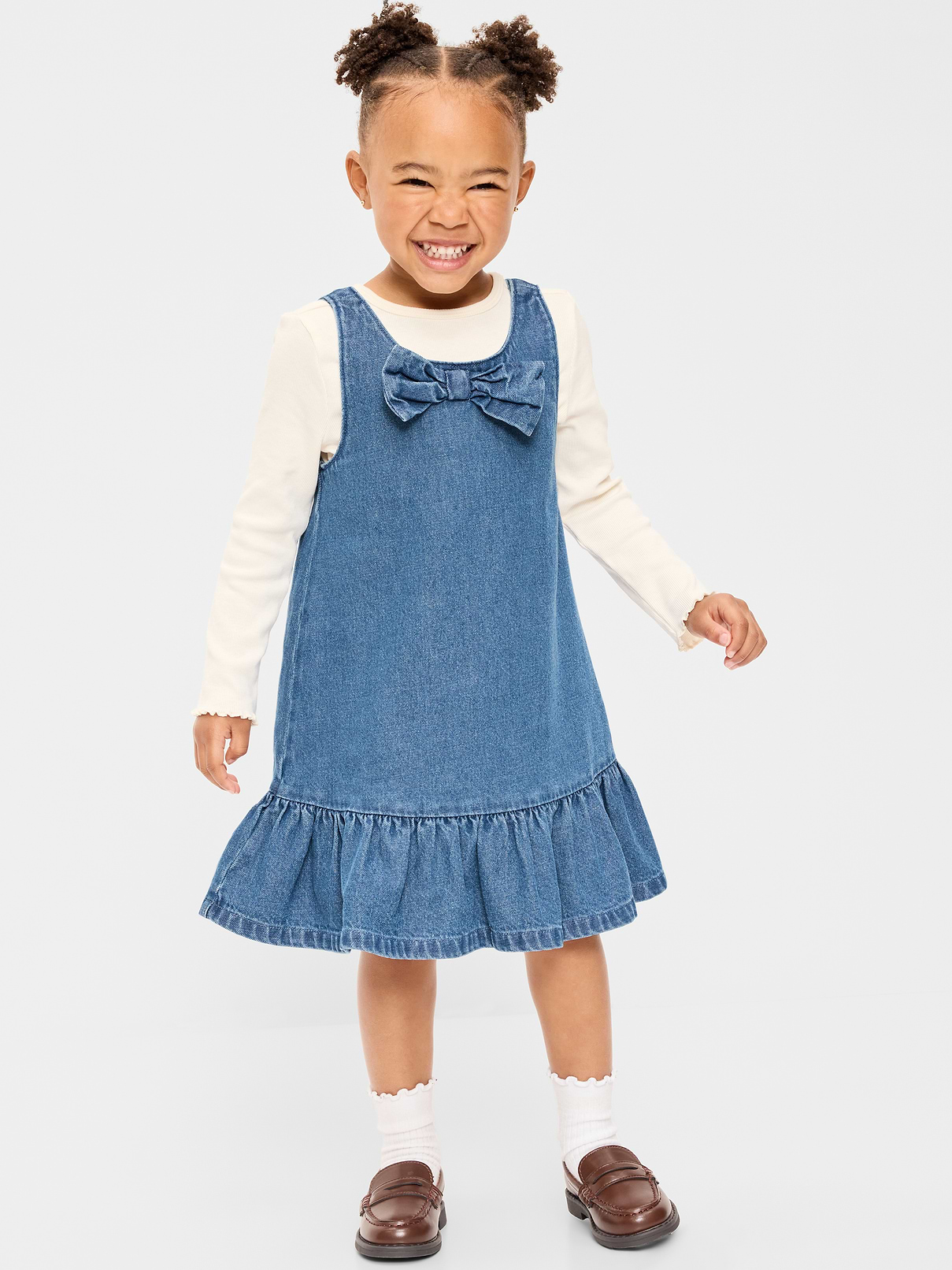 Image 1 of 4, crew neck, long sleeves, coordinating dress, sleeveless, decorative bow at neckline, ruffled hem, Product #1184112