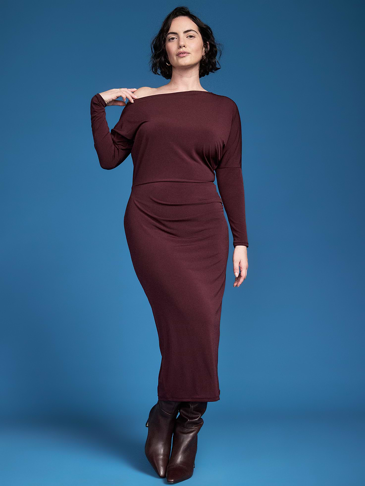 Image 1 of 8, asymmetrical draped neckline, long sleeves, ruched sides, Product #1184411