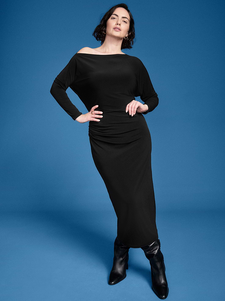 Image 1 of 8, asymmetrical draped neckline, long sleeves, ruched sides, Product #1184411
