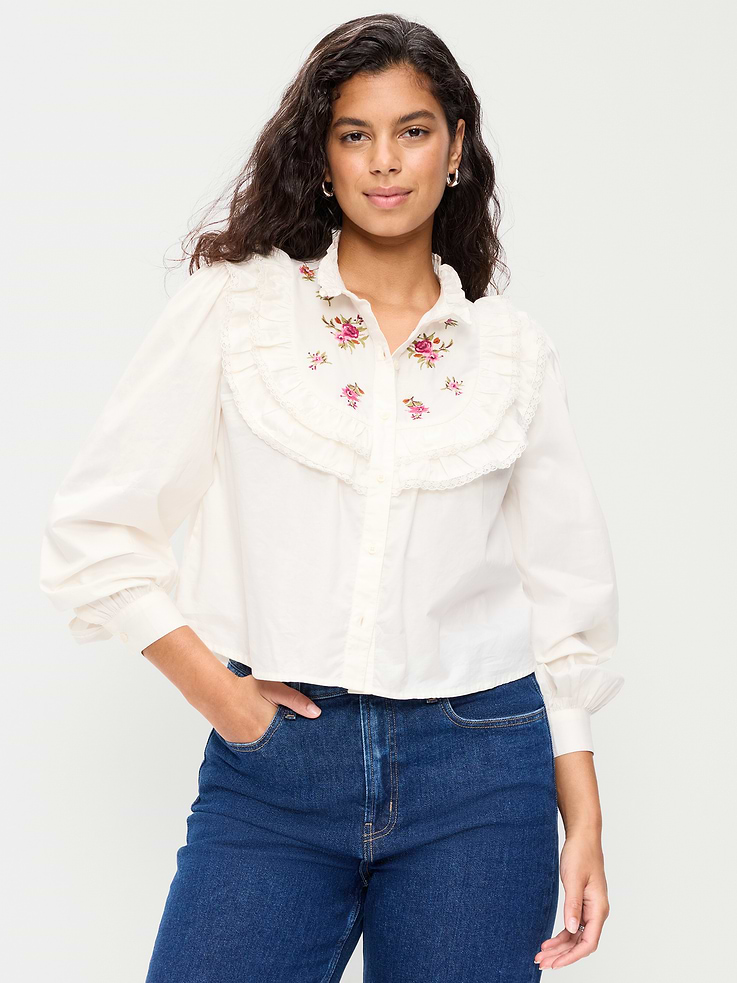 Image 5 of 6, Long-Sleeve Embroidered Ruffle-Trim Button-Front Top