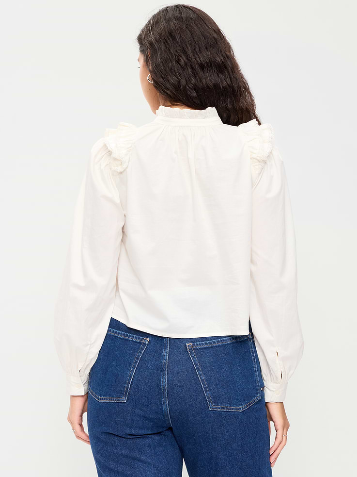 Image 6 of 6, Long-Sleeve Embroidered Ruffle-Trim Button-Front Top