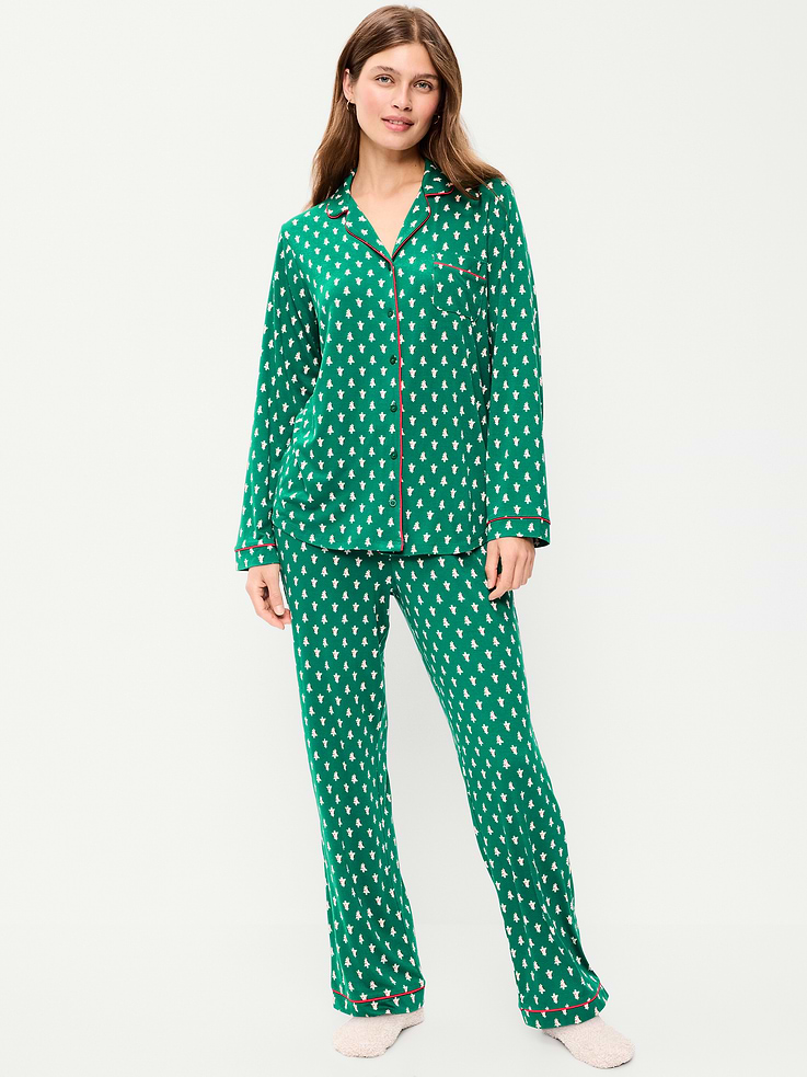 Image 1 of 8, Knit jersey so unbelievably soft and stretchy., set includes pajama shirt and matching bottoms, spread collar, long sleeves, patch chest pocket, full button-front, elastic-waist pajama pants, decorative button fly, Product #422082