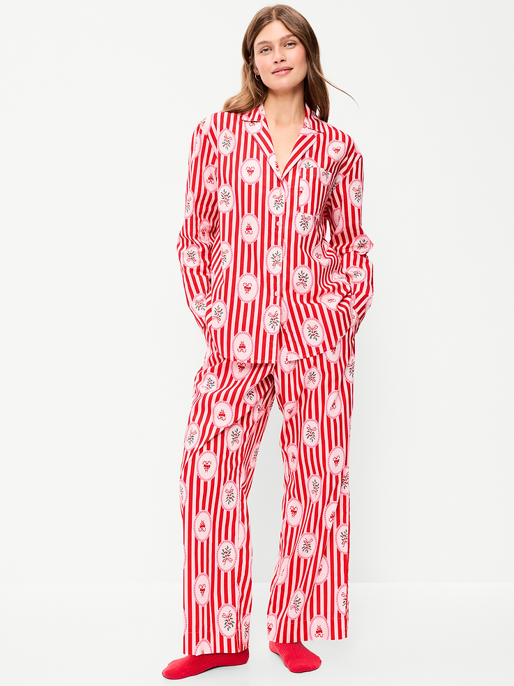 Image 1 of 8, Crisp, breathable cotton that's classic for a reason., set includes pajama shirt and matching bottoms, spread collar, long sleeves, buttoned front, patch chest pocket, elastic-waist pajama pants, decorative button fly, on-seam pockets, allover print varies, Product #889047