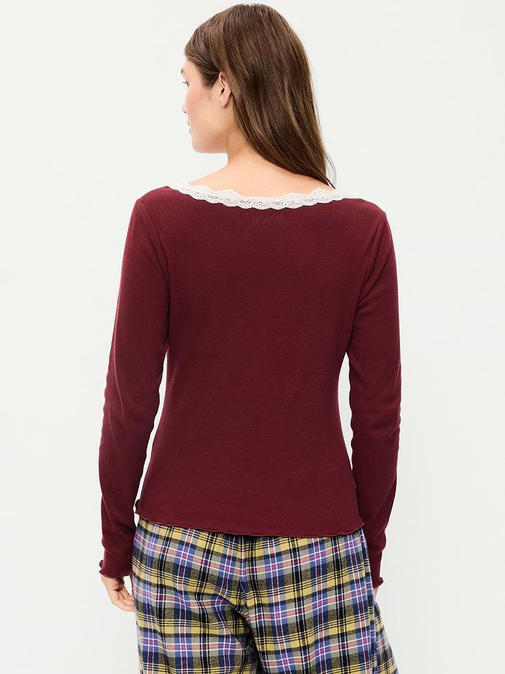 Image 2 of 6, Long-Sleeve Lace Trim T-Shirt