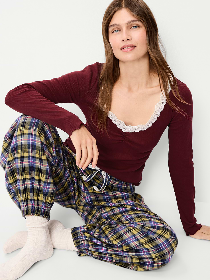 Image 3 of 6, Long-Sleeve Lace Trim T-Shirt