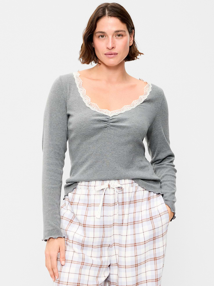 Image 5 of 8, Long-Sleeve Lace Trim T-Shirt