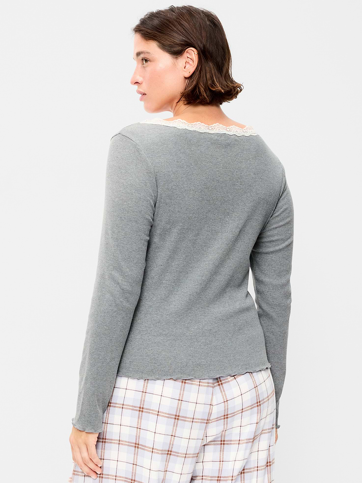 Image 6 of 8, Long-Sleeve Lace Trim T-Shirt