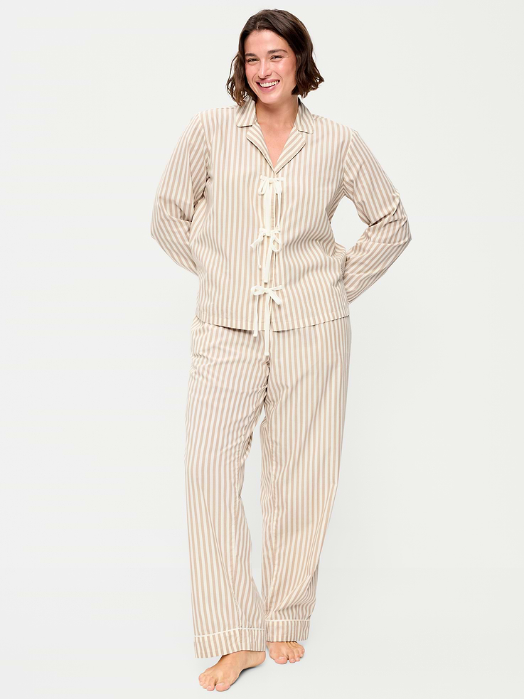 Image 4 of 7, Tie-Front Poplin Pajama Pant Set